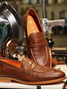 Geox U Bayle A Brown Leather Weave Loafers Slip Ons Penny Shoes Oxford 9 Orange
